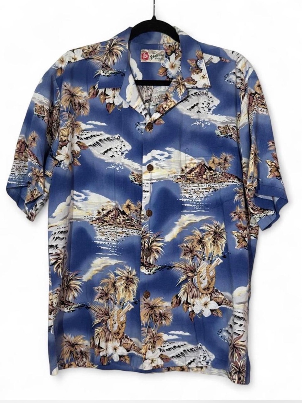Vintage Hilo Hattie Blue Island Landscape Rayon Hawaiian Camp Shirt L
